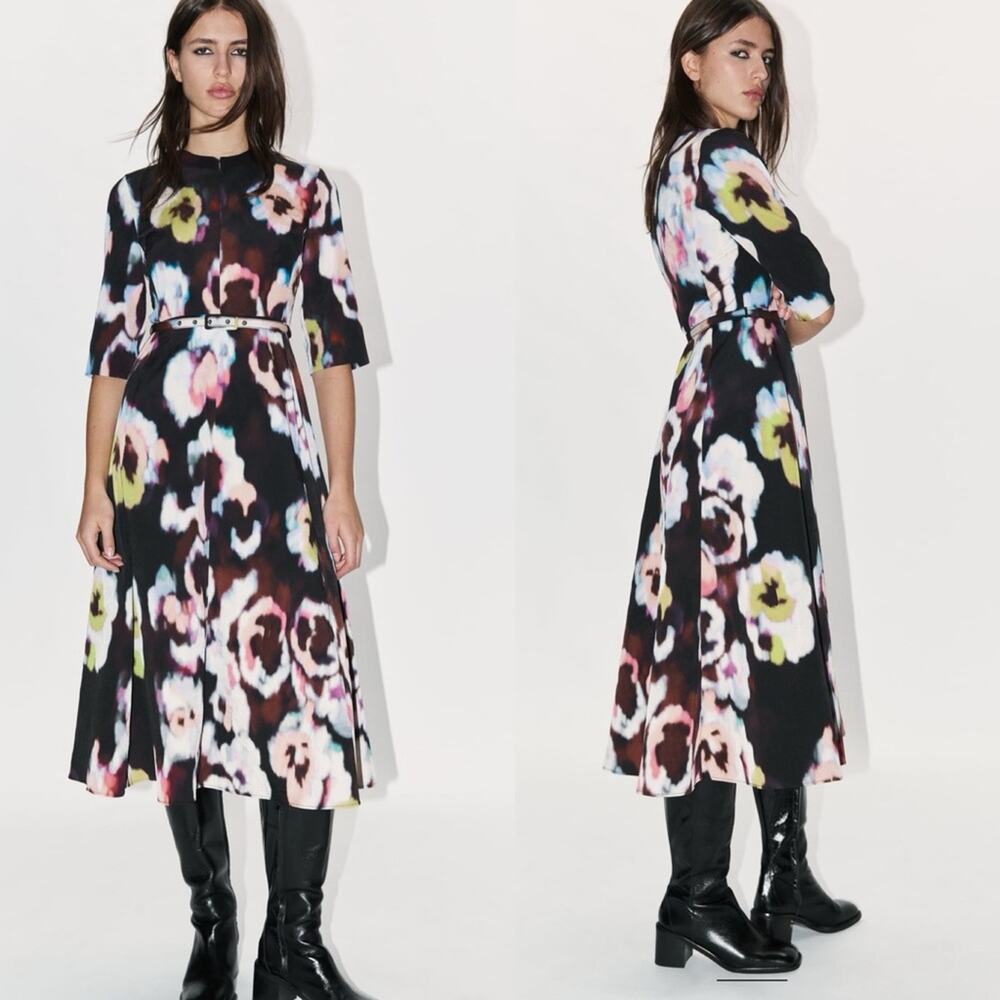 Zara Black Midi Dress with Multicolor Floral Print